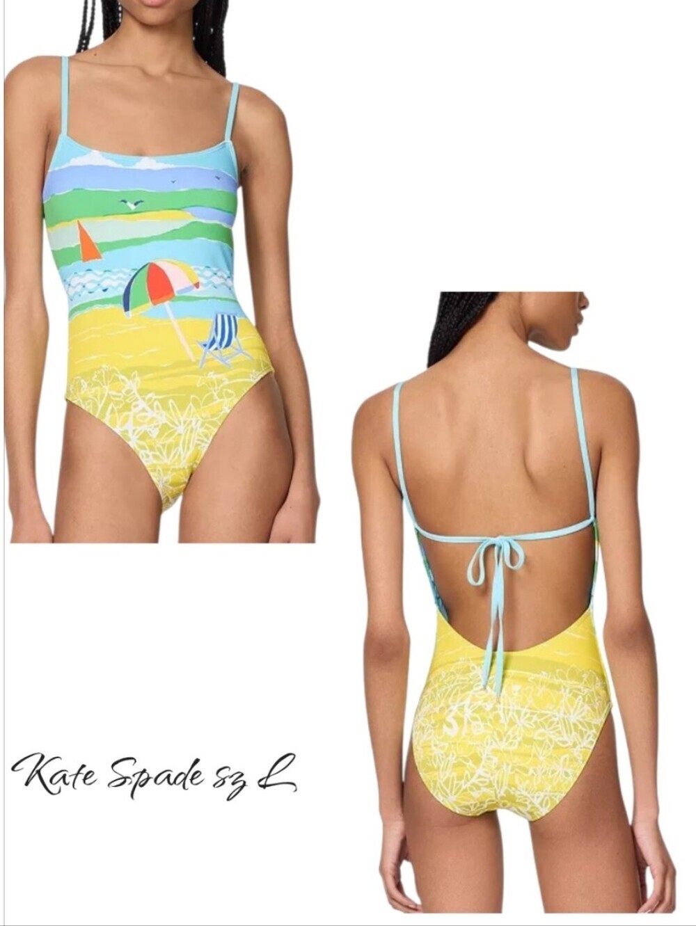 Kate Spade Summer Day Tie Back One Piece Swimsuit Multi Beach Graphic L NWT